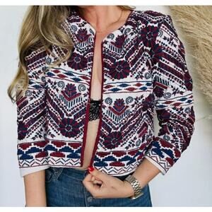 ANTHROPOLOGIE Blue Red White‎ Greenwich Embroidered Print Open Cropped Jacket S